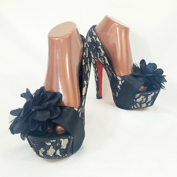 Mojo Moxy Black Floral Lace Platform Stiletto Glitter Heels Size 9 SH1346 - Picture 4 of 8